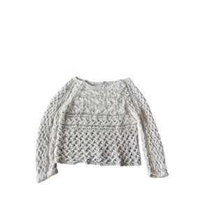 Free People Cream Open Knit Crochet Boho Boat Neck Sweater Ivory Small